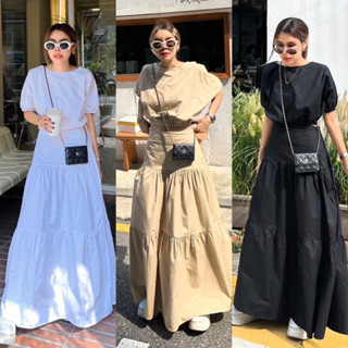 Yunaka ชุดเซ็ต 2 ชิ้น เซทเสื้อคอกลมแขนสั้น อก 50” Korea Style Muji Set กระโปรงยาว เอวด้านหลังเป็นยางยืด เอว 26-32”