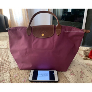 กระเป๋า longchamp lepliage M หูสั้น สีม่วง plum ของแท้มือสองค่ะ