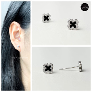 ✨NEW✨Clover Earrings ☘️ต่างหูเพชรล้อมใบโคลเวอร์สีดำ งานเพชร CZ ขนาด 6 mm ก้านเงินแท้