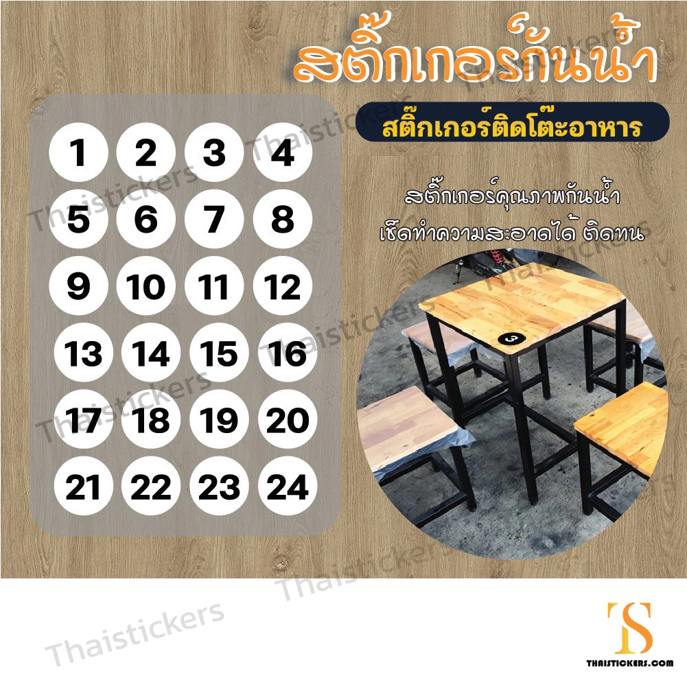 สติกเกอร์เบอร์โต๊ะอาหาร สติกเกอร์หมายเลข กันน้ำ100% เช็ดทำความสะอาดได้ไม่เสียหาย (ขนาด 6x6 cm.ได้ 24 ดวง) TS062-PP