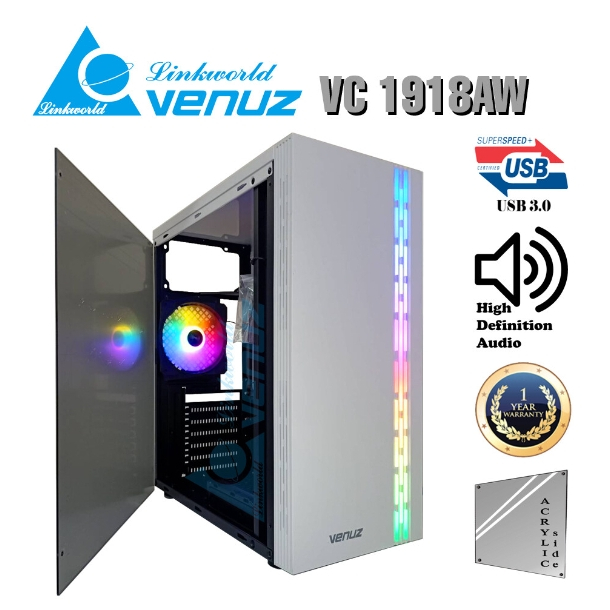 VENUZ Acrylic Side ATX Computer Case VC 1918AW with RGB LED Lighting &amp; VF1299 120mm Rainbow RGB Fan – White