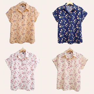 เสื้อคอปก เเขนสั้น ลายดอก ผ้าไหมอิตาลี ไม่ต้องรีด อก 44”