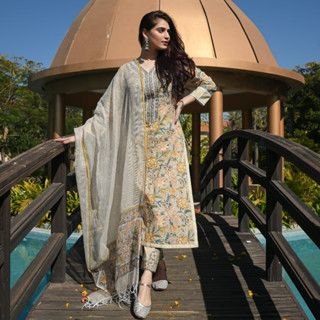 ชุดอินเดีย เซต 3 ชิ้น ลายผ้าสวยตลึง Woman Cream &amp; Yellow Viscose Rayon Kurta Pant Set