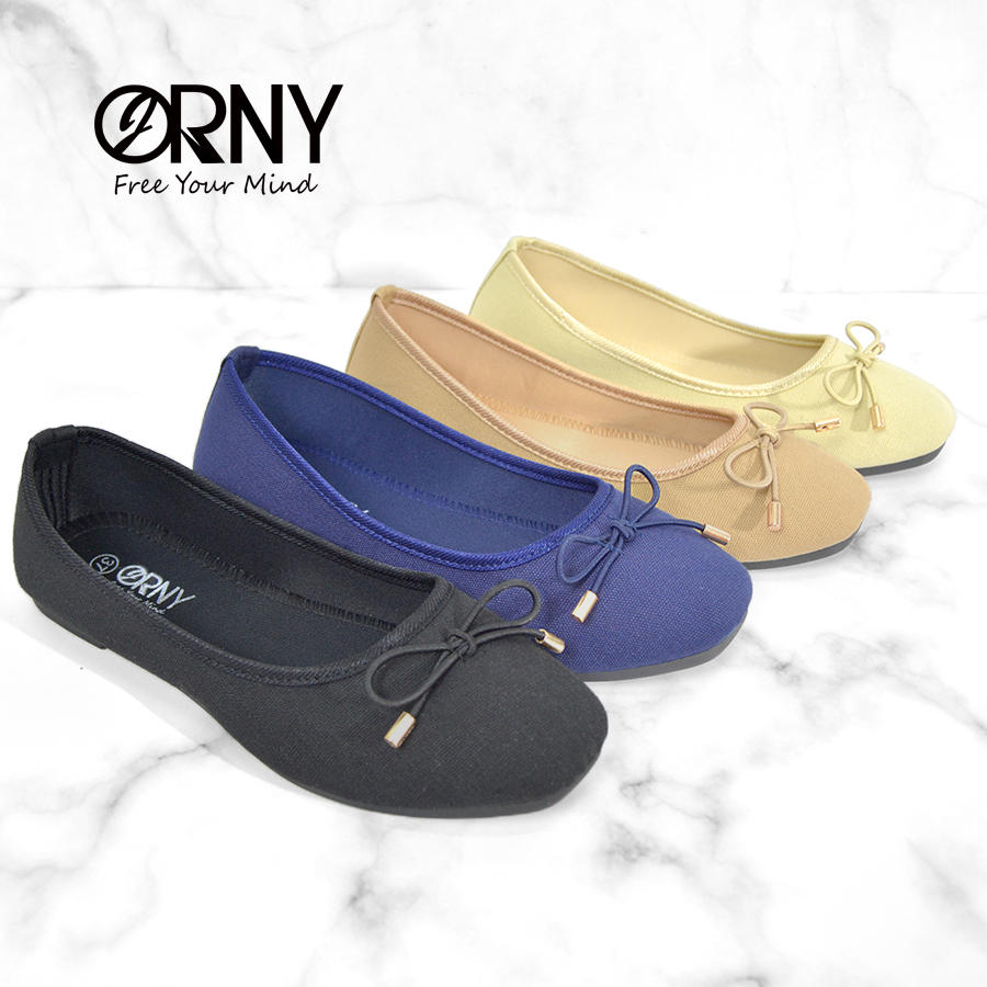 ORNY(ออร์นี่) ® OY150 รองเท้าคัชชูหัวมนส้นแบน คัชชูผ้า แต่งโบว์
