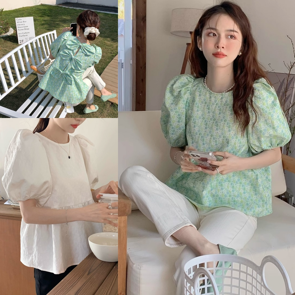 🍬LKB3021🍬 NEW เสื้อแฟชั่น ผ้าฝ้าย คอกลมแขนตุ๊กตา สไตล์น่ารักๆฤดูใบไม้ผลิ สําหรับผู้หญิง มี2สี free size