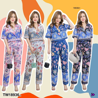 👗Pfashion [ส่งไวมาก🚛] P18936 set #สาวอวบ 2 ชิ้น เสื้อคอปกทรงสูท + กางเกงขายาว พิมพ์ลาย ..