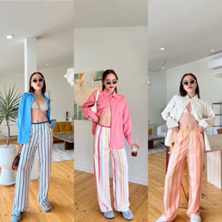 (พร้อมส่ง) Striped trouser ✨ กางเกงขายาวผ้าพิมพ์ลาย ใส่คาเฟ่ ไปทะเล น่ารักสุดๆ เพิ่มความสดใสขอบเอวแต่งพู่ ป้ายVibe