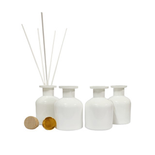 ขวดก้านไม้กระจายกลิ่น 4 ใบ ขวดเปล่าทรงกลมพร้อมฝา Diffuser Bottles สีขาว 120 ml.