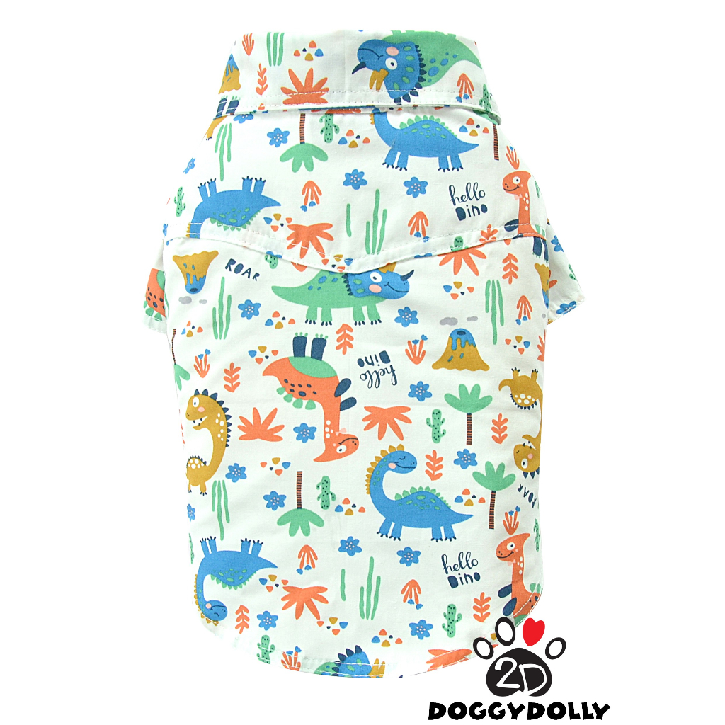 Petcloths -Doggydolly  เสื้อผ้าแฟชั่น สัตว์เลี้ยง ชุดหมาแมว เชิ๊ต คอปก สีขาว ลายไดโนเสาร์ ไซส์ 1-9 โล  S132