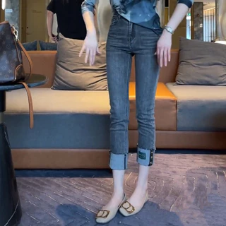 GHAOHES🌷 กางเกงยีนส์ยืด 🌷 S-5XL สาวอวบ 👖การออกแบบพับขากางเกง ลมเกาหลี