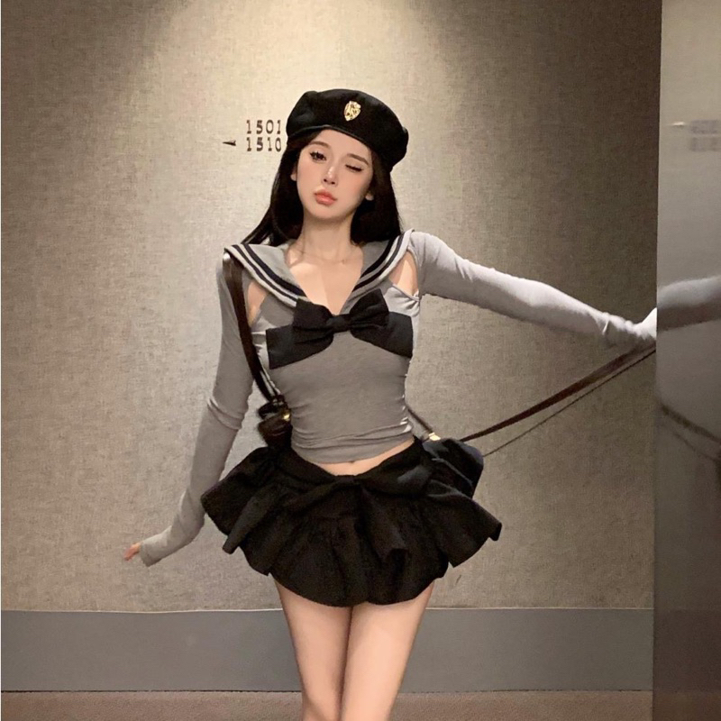 Cherry✨พร้อมส่ง✨เเสื้อสายแขนยาว+กระโปรงสั้น ทรงเอนักศึกษา นักเรียนใส่สวยไฮโซ ชุดไปค่าเฟ่ สไตล์เกาหลี สำหรับผู้หญิง