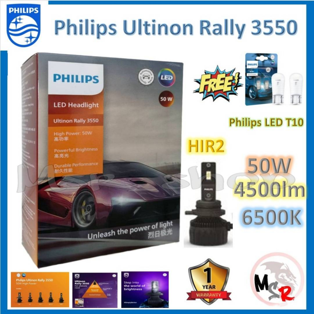 Philips หลอดไฟหน้ารถยนต์ Ultinon Rally 3550 LED 50W 9000lm HIR2 ฟรี Philips LED T10 รับประกัน 1 ปี