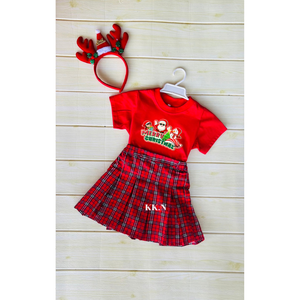(รหัส013-4)ชุดคริสมาสต์เด็ก (ไม่มีแถมหมวกหรือคาดผม) ขนาด S-XL สีแดงสดใส