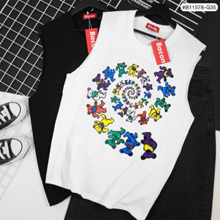 🌟STF_SHOP🌟เสื้อกล้าม คอกลม งานขาว-ดำ ลายหมีวงกลม ผ้าคอตตอน ไม่ร้อนระบายอากาศได้ดี เสื้อUnisex ใส่ได้ทั้งหญิง-ชาย
