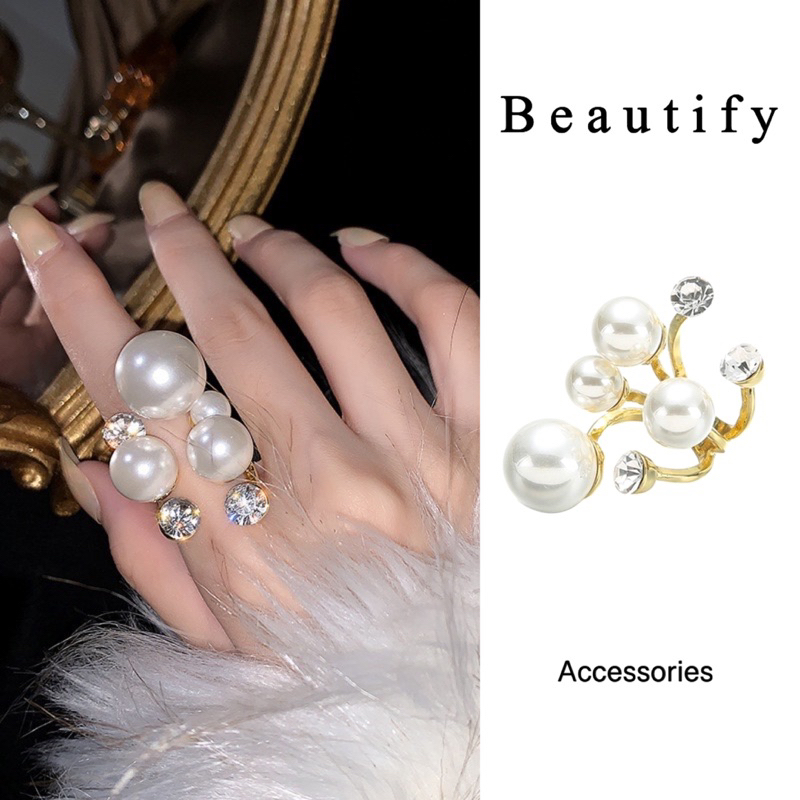 𝓑𝓮𝓪𝓾𝓽𝓲𝓯𝔂 แหวนมุกประดับคริสตัลขนาดใหญ่ใส่สวยอลังเวอร์วังเครื่องประดับสวมนิ้วปรับได้ดีไซน์สวย