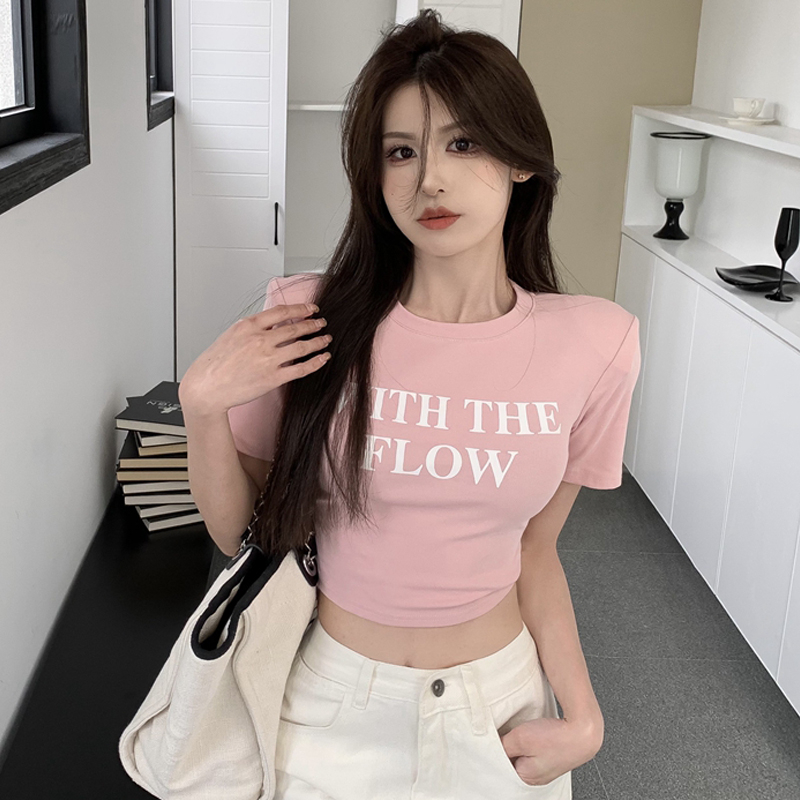 MC 168 เสื้อครอปท็อป สไตล์เกาหลี คอกลม แขนสั้น ใส่สบาย