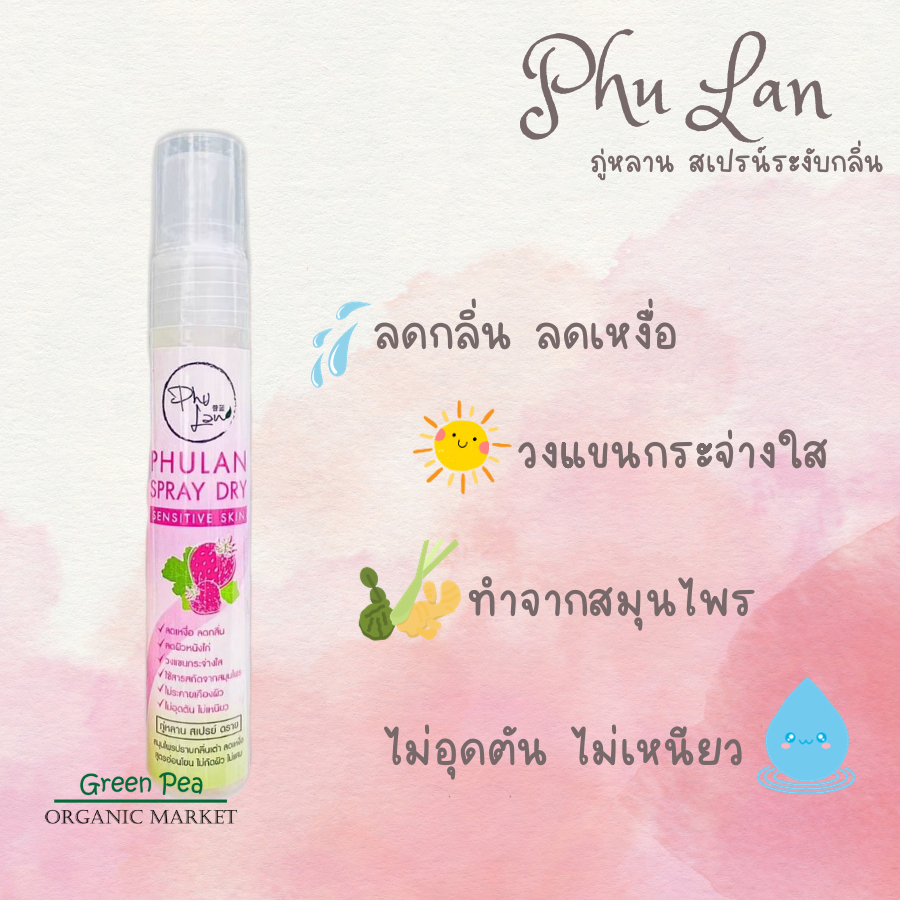 Phu Lan Spray Dry Sensitive Skin ภู่หลาน สเปรย์ ดาย  สมุนไพรปราบกลิ่นเต่า ลดเหงื่อ ทำจากสมุนไพร ไม่แสบ แห้ง ขนาด 24 กรัม