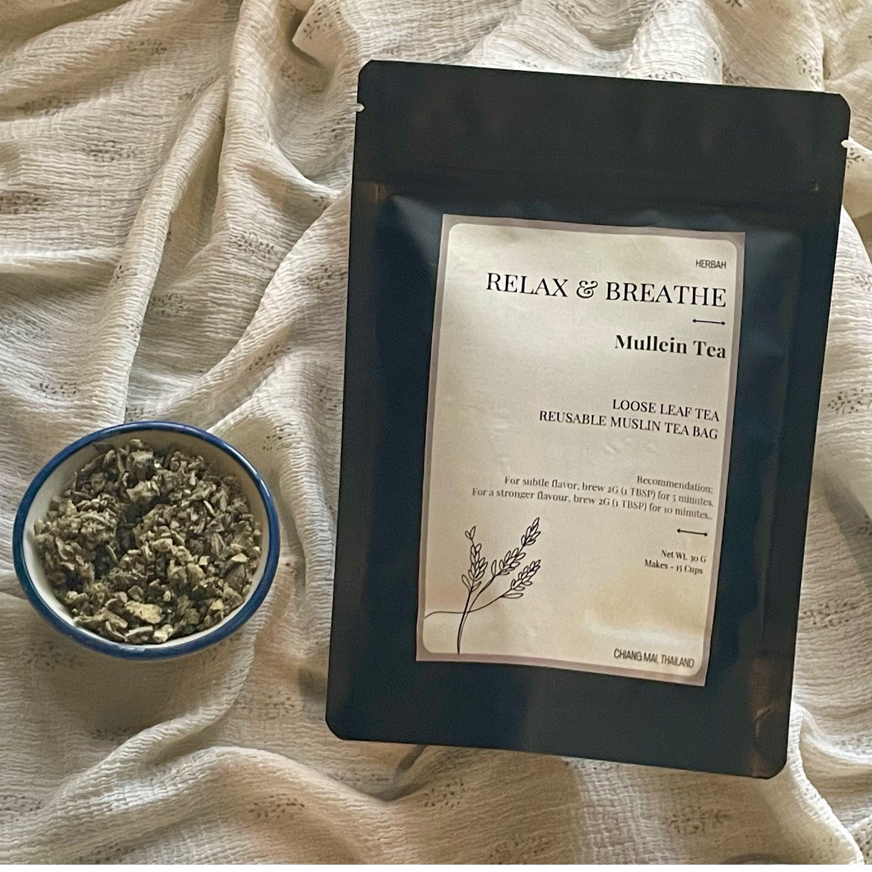 RELAX & BREW HERBAL TEA : Organic Mullein Tea, Blue Lotus Tea, Chamomile Tea, Rose Tea, FREE REUSABLE MUSLIN TEA BAG ชาม
