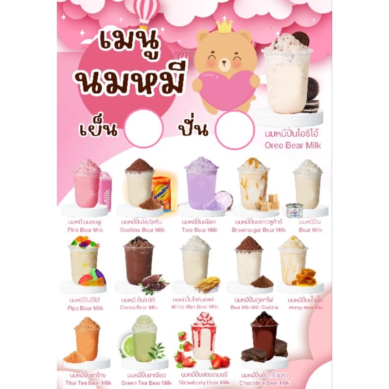 ป้ายเมนู นมหมีเย็น &ปั่น