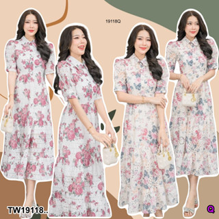 TwinsShopVip💗พร้อมส่ง TW19118 Maxi เดรสยาวพิมลายผ้าฉลุ ..