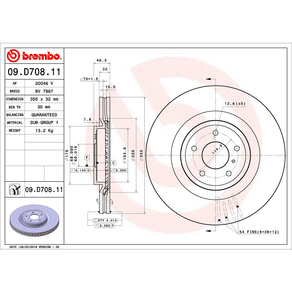 จานเบรคหน้า NISSAN 370Z Coupe Roadster Z34 3.7 NISMO V6 VVEL 2009- 355MM BREMBO /ชิ้น