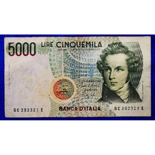 แบงก์​เก่า อิตาลี​ Italy, 5000 Lire, (รุ่น​ K.Bellini), B1072L, ใช้แล้ว