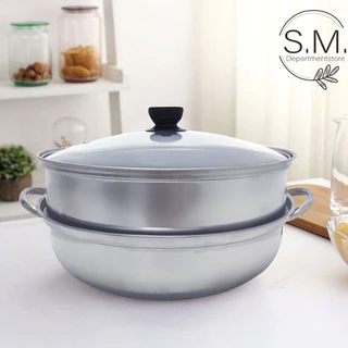 S.M.หม้อชาบูสองหูสแตนเลส 1 ช่องฝาแก้ว+ซึ้ง พร้อมส่ง