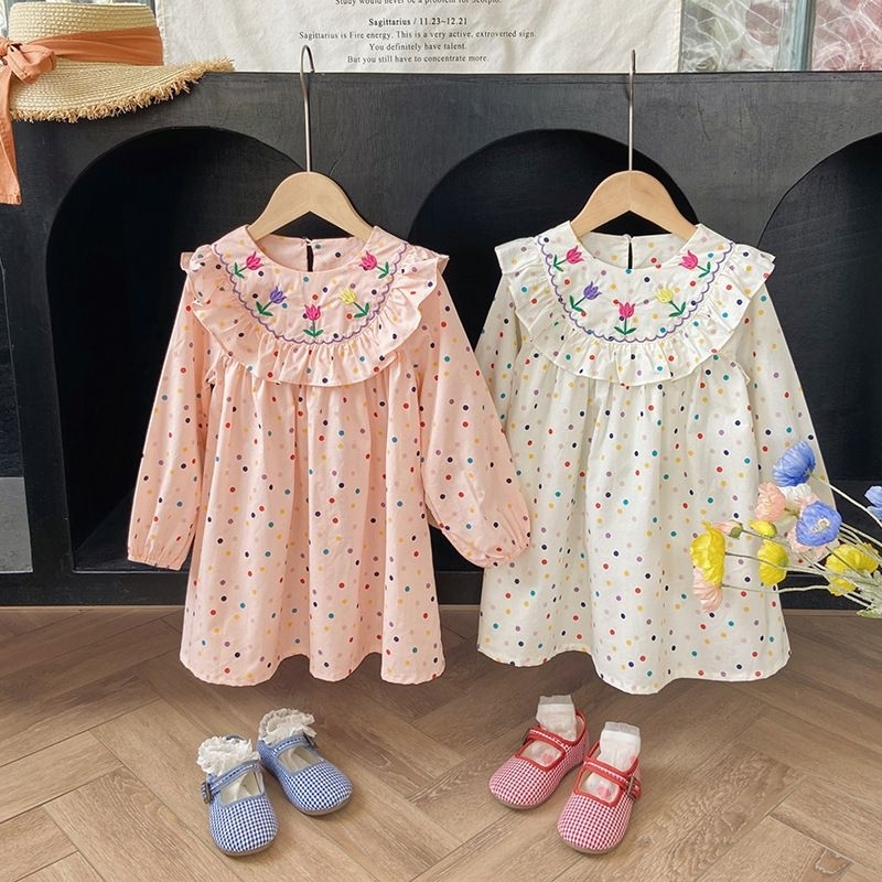 [Y D]278 พร้อมส่ง ชุดเดรสแขนยาว ลายจุดสำหรับเด็กผู้หญิง