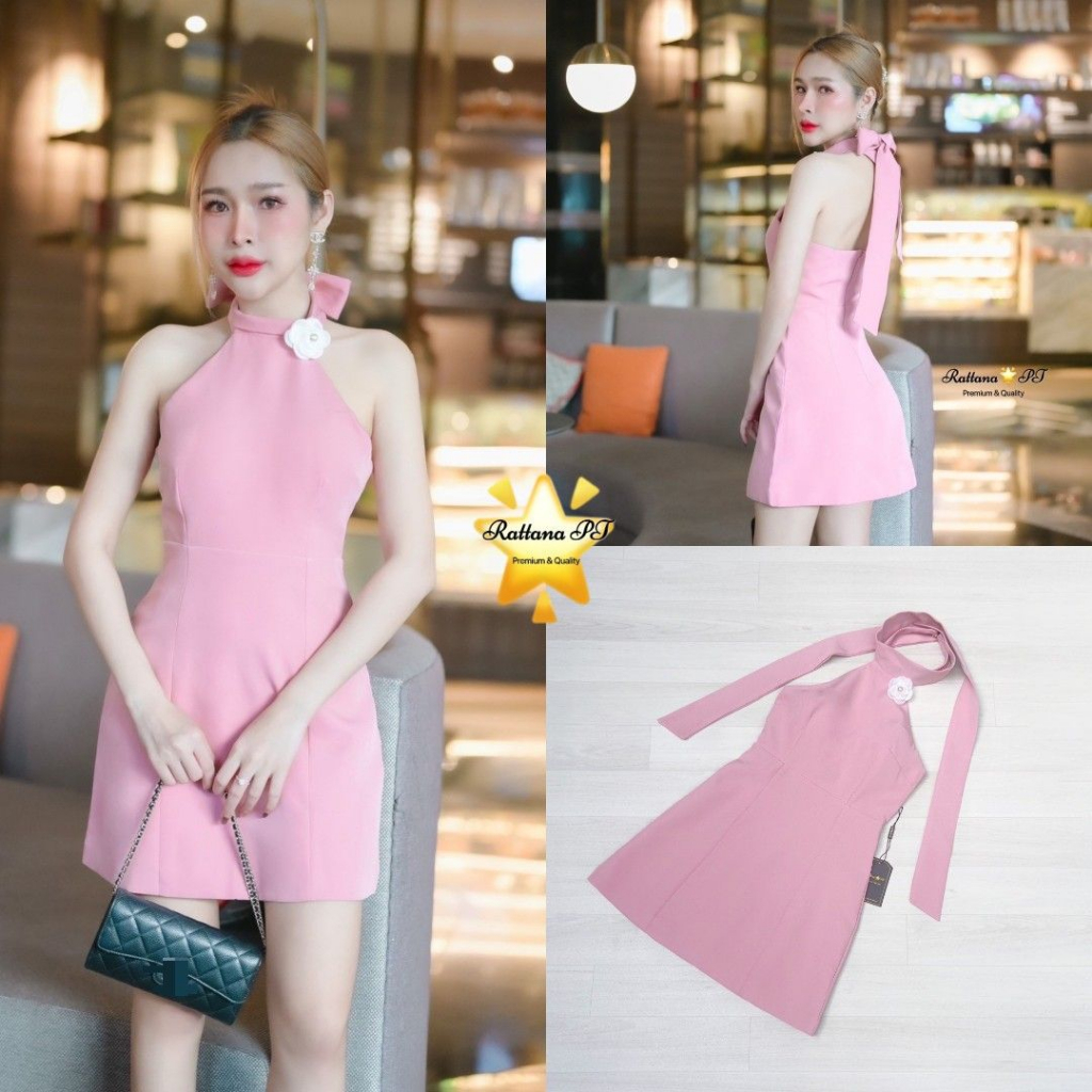 RTN01 Size M Rattana PT Brand ชุดเดรสสีชมพูมีสายคล้องคอ Dress Clothing Women เสื้อผ้า ผู้หญิง