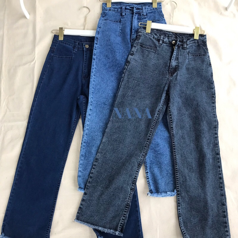 กางเกงยีนส์เอวสูง กระบอกผ้ายืด สีสโนว์ดำ สโนว์ฟ้า เข้ม Size: S M L XL XXL 34-36-38 พร้อมส่ง