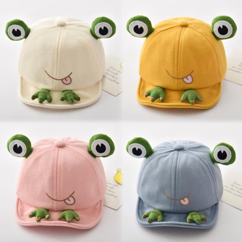 หมวกเด็ก รอบหัว:46-50cm. หมวกแก๊ปเด็ก ตุ๊กตากบ🐸น่ารักมาก 0-3 ขวบใช้ได้ค่ะ