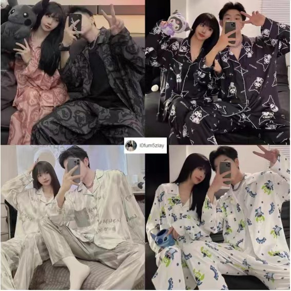 (ราคาถูกที่สุด) l0fum5zlayชุดนอนสําหรับคู่รัก， ชุดนอนฤดูใบไม้ร่วง， ผ้าซาตินเรียบ， 4 รูปแบบ， ขายาว+เสื้อ，M-3XL
