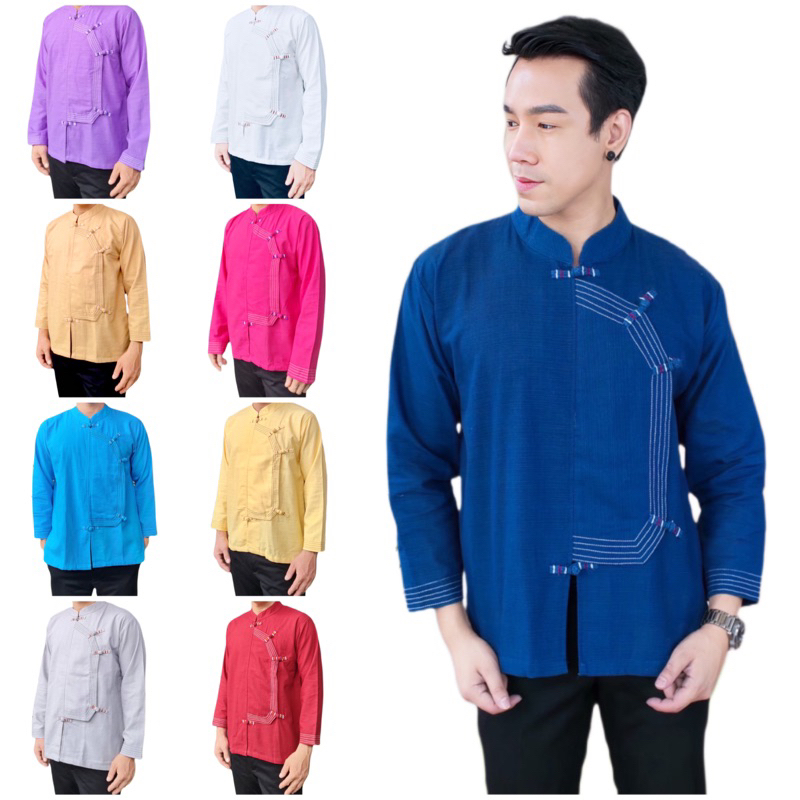 เสื้อพื้นเมืองผู้ชายคอจีนปักเส้นป้าย