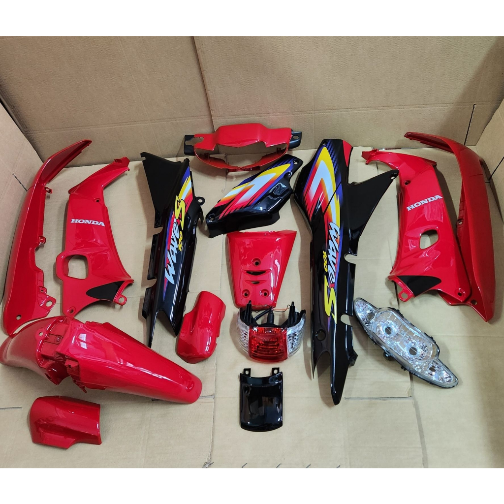 wave100 เวฟ110s ไฟหน้าตาคู่ สีแดงดำ พร้อมติดลาย wave100s ปี2002 กาบรถ ชุดสี แฟริ่ง เฟรมรถ wave110s