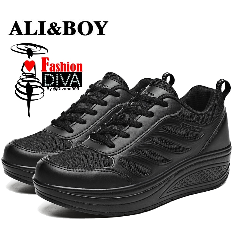 ALI&BOY รุ่นปีกนางฟ้า แฟชั่นผู้หญิง สีดำล้วน พื้นกันลื่น Fitness พื้นนุ่ม น้ำหนักเบา สวมใส่สบาย ไซส์ 36-40