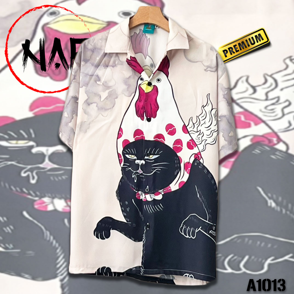 เสื้อฮาวาย แมวหัวไก่ A1013 ผ้าไหมอิตาลีแท้