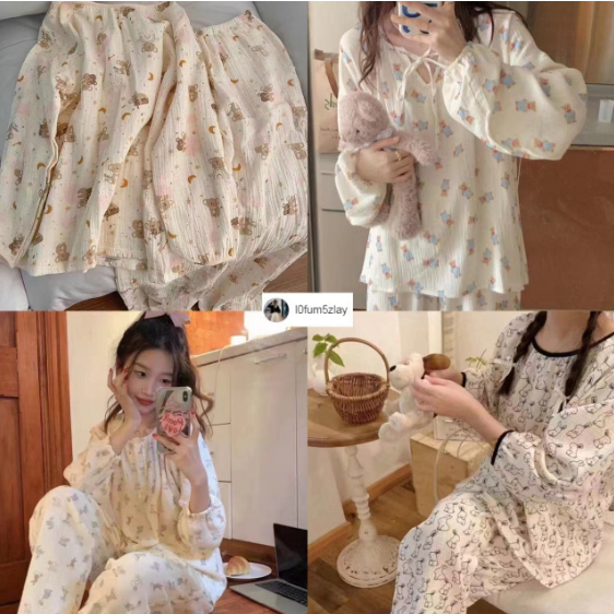 (ราคาถูกที่สุด) สไตล์ญี่ปุ่น-เกาหลี， ฤดูใบไม้ร่วง l0fum5zlay ชุดนอน， เสื้อแขนยาวลายการ์ตูน， ขายาว+เสื้อยืด，M-2XL