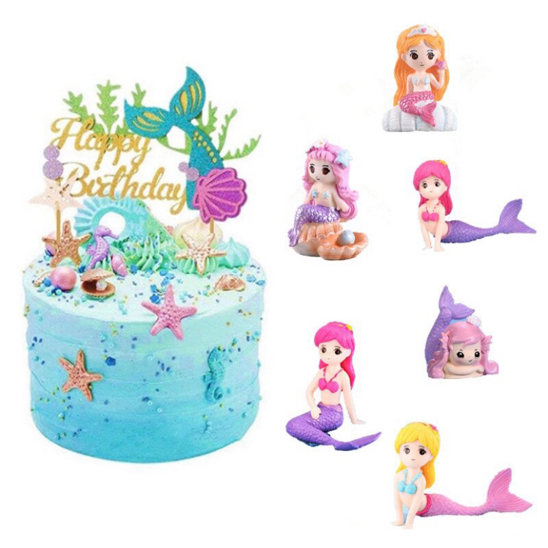 ตุ๊กตาตกแต่งเค้กธีมนางเงือก ป้าย hbd สำหรับวันเกิดเด็ก พร้อมจัดส่ง