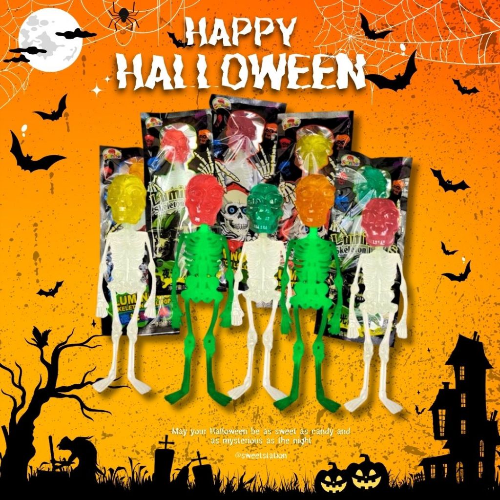อมยิ้ม รูปโครงกระดูก เรืองแสง Halloween lollipop 1 ชิ้น 10กรัม ขนมฮาโลวีน ขนมเทศกาล อร่อย หวาน สนุก พร้อมส่ง