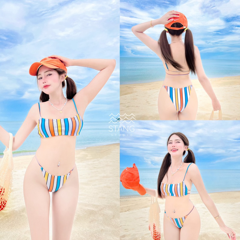 บิกินี่ลายทาง เหลือง บราสี่เหลี่ยม โชว์หลัง สาย2สายด้านหลัง สายฝอ