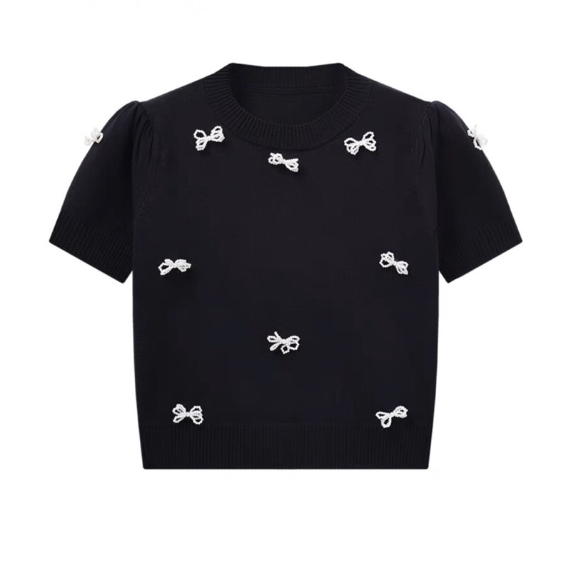 เสื้อไหมพรมน่ารัก เเขนสั้นสีพื้น เข็มกลัดโบว์ - รูปที่ 2