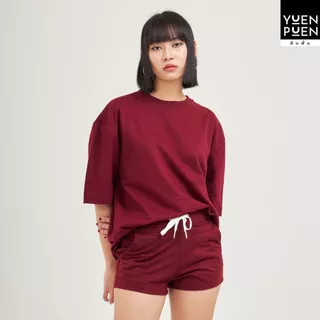 YuenPuen เสื้อยืด Oversize สีเลือดหมู ยืนพื้น ไม่ยืด ไม่ย้วย เสื้อสีพื้น เสื้อโอเวอร์ไซส์