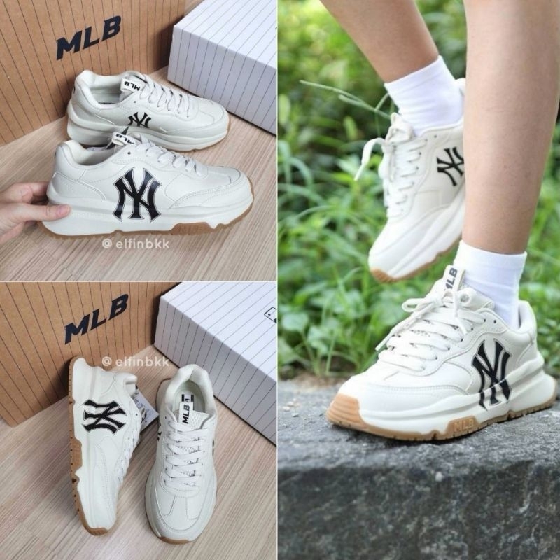 แท้ 💯🇰🇷 MLB Chunky Runner รองเท้าผ้าใบ หนัง สีขาว สีครีม สีเบจ พื้นยาง NY B Boston