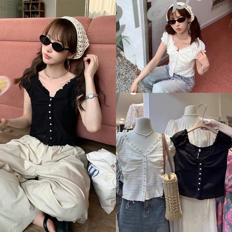 เสื้อครอปท็อปลูกไม้แขนสั้น แฟนชั่นสำหรับสาว Y2k
