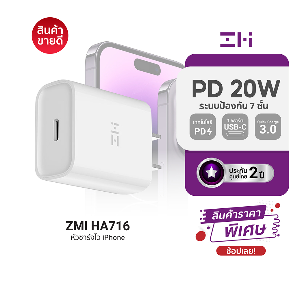 [ราคาพิเศษ] ZMI HA716 / HA716C / AL873 / AL875 หัวชาร์จเร็วสำหรับ iPhone รองรับเทคโนโลยี PD 20W -2Y
