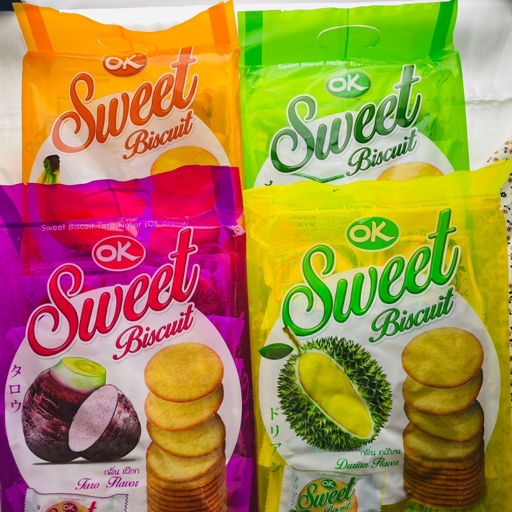 🥖 OK Sweet Biscuit สวีท บิสกิต มี 4 รสให้เลือก กลิ่นเลม่อน กลิ่นกล้วย กลิ่นทุเรียน กลิ่นเผือก 🥖