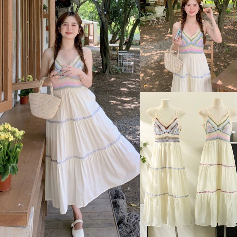 ( สินค้าพร้อมส่งค้าปป ) เดรสยาวถักอก สายเดี่ยว มี 2 สีน้า งานสวย เนื้อผ้านุ่มใส่สบาย สไตล์โบฮีเมียน Unicrony