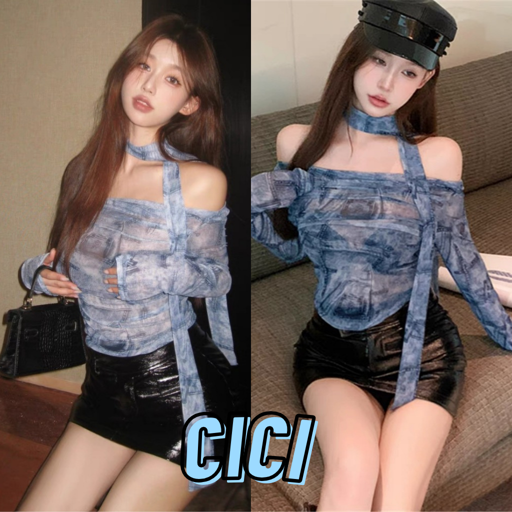 ส่งทันที Cici(NO. J791)เสื้อปาดไหล่ซีทรูลายยีนส์ดีเทลจ้ำตรงอกสไตล์Y2K Y2ใจ พร้อมเชือกดีไอวายด้วยตัวเองได้