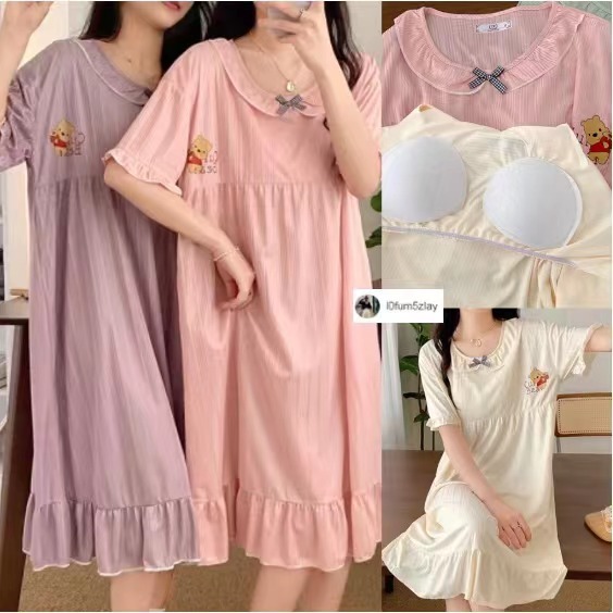 👗🎀🧽M-4XL (มีฟองน้ํา)ชุดนอนผู้หญิงฤดูร้อน， กระโปรงน่ารัก，ลายการ์ตูนน่ารัก， ผ้าฝ้าย，4 สี，ได้รับความนิยมอย่างมาก