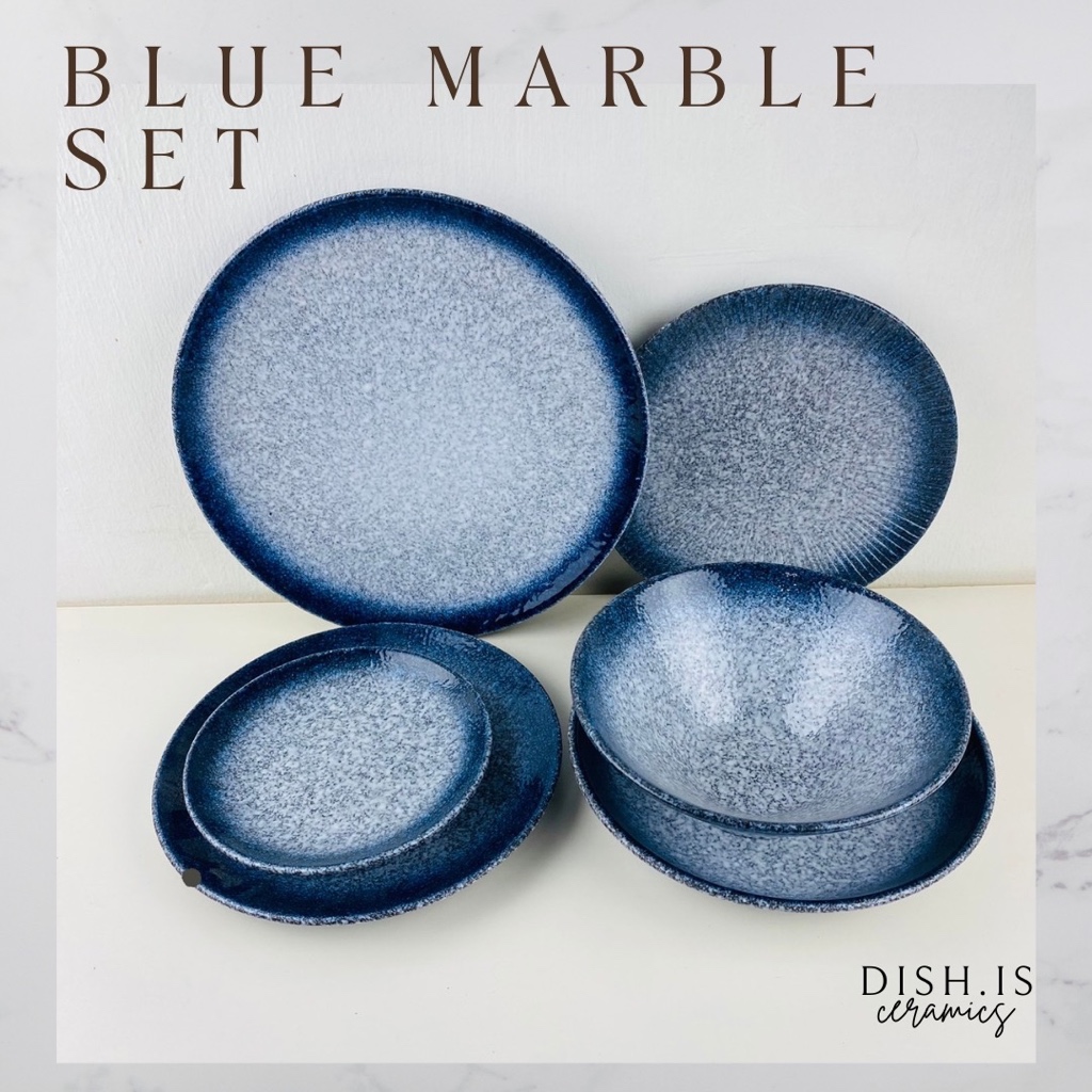 Blue marble set ชุดเข้าเซ็ท จาน ชาม สีน้ำเงินลายหินอ่อนจุด